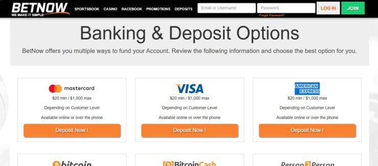 BetNow banking options section