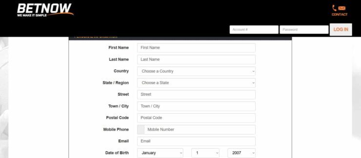 BetNow registration details form