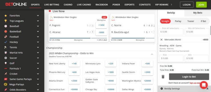 BetOnline WNBA specials betting section