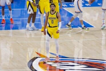 Indiana Pacers Tyrese Haliburton walks on the court.