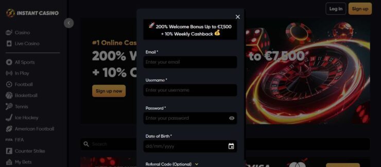 Instant Casino registration form