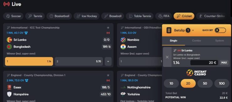 placing a bet in Instant Casino