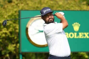 JJ Spaun holds his club at the U.S. Open.