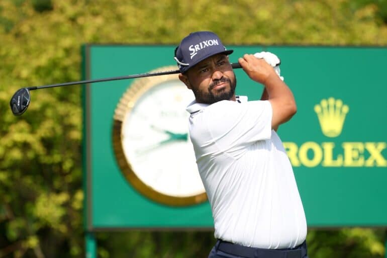 JJ Spaun holds his club at the U.S. Open.
