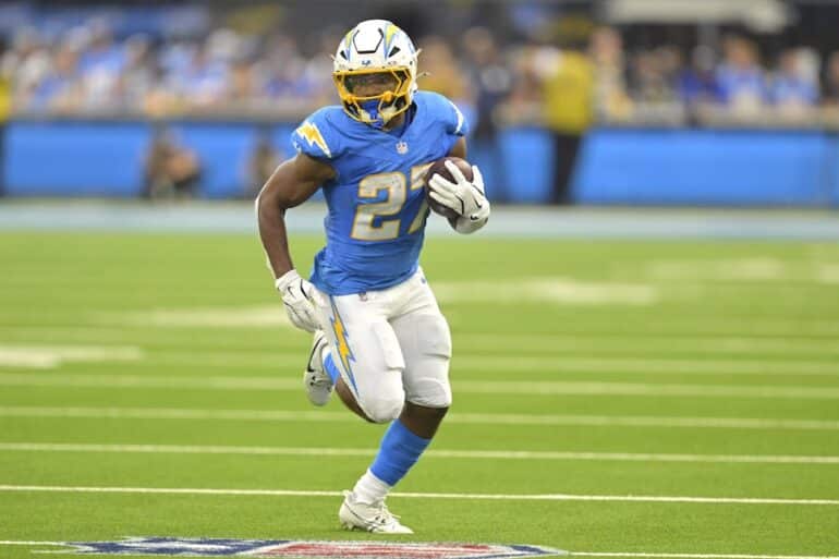 Los Angeles Chargers running back J.K. Dobbins runs the ball.