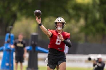 New Orleans Saints quarterback Tyler Shough throws the ball.
