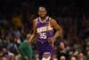 Kevin Durant runs up the court.