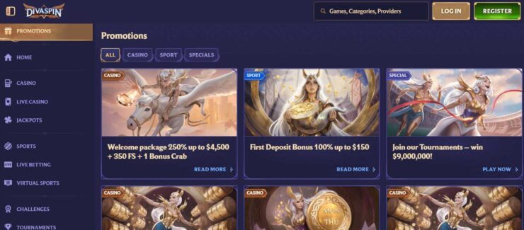 DivaSpin casino promotions and bonuses page
