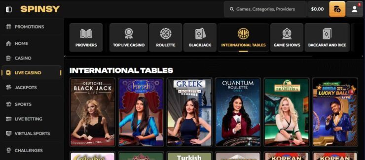 Spinsy casino games section