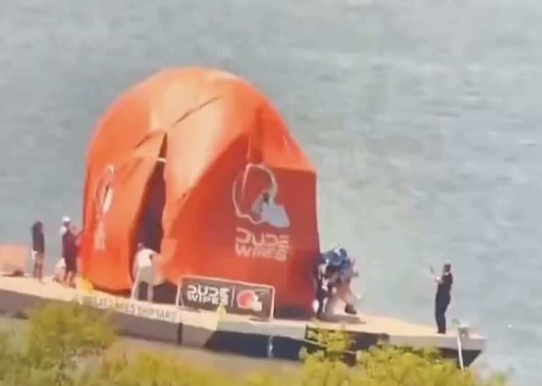 A Browns helmet on Lake Erie.