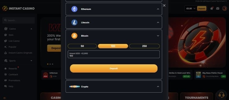 Instant Casino - make your deposit section