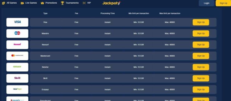 Jackpoty payment methods page