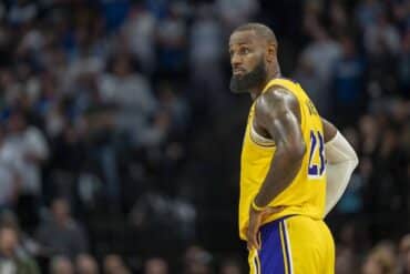 LeBron James stands on the court.
