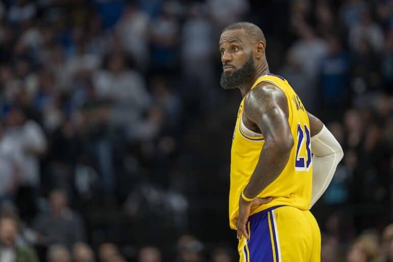 LeBron James stands on the court.