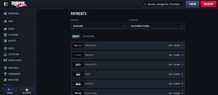 Mafia Casino - Step 1 Go the Payments Page