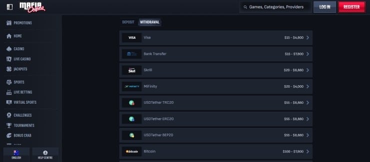 Mafia Casino Step 2 - Choose Your Withdrawal Method