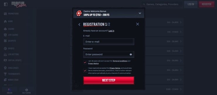 Mafia Casino - Step 2 Create an Account