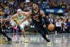 Donovan Mitchell dribbles the ball.