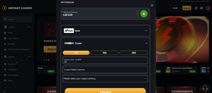 Instant Casino - Choose the Cashout Amount and Confirm