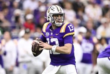 LSU Tigers quarterback Garrett Nussmeier throws the ball.