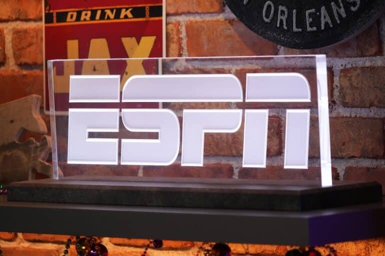 ESPN logo on a nightstand.