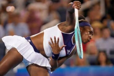 Coco Gauff serves in Cincinnati 2025