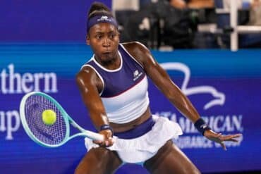 Coco Gauff plays a forehand