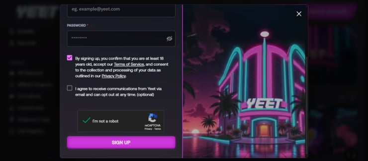 Accept terms at Yeet casino login