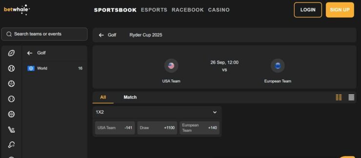 BetWhale's golf betting odds