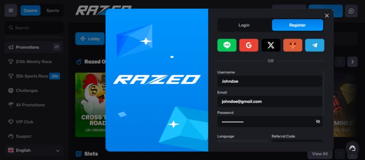 Enter your credentials at Razed crypto casino