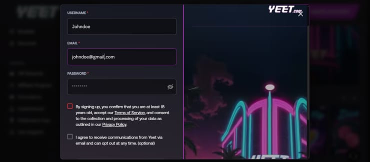 Enter your credentials at Yeet crypto casino