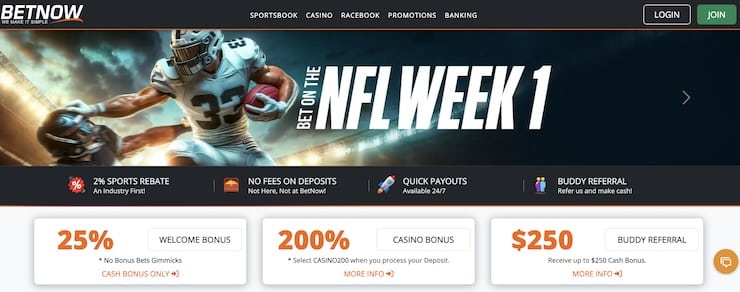 One of the best sportsbooks to bet on for the NFL season, BetNow is offering rebates, better odds, and $250 in free bets