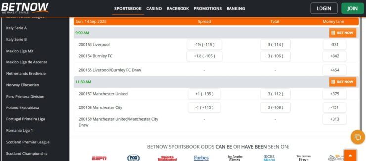 section for betting on soccer at BetNow