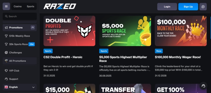 A detailed view of Razed Casino's bonus offer interface showing promotional terms and wagering information