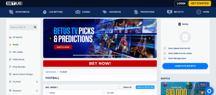 a preview of BetUS's main page showing its BetUS TV feature