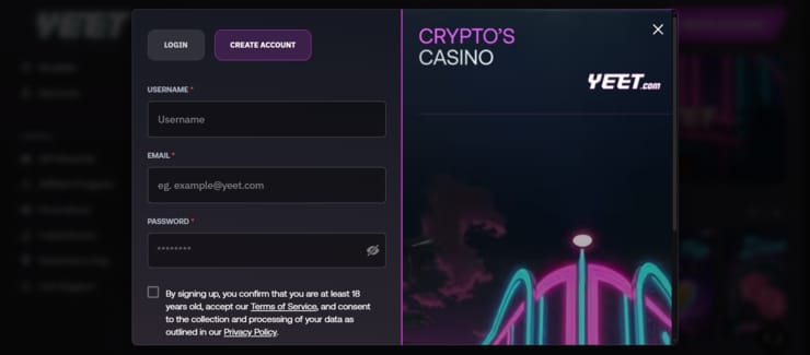 Sign up at Yeet Casino
