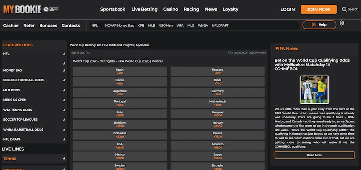a desktop preview of MyBookie's World Cup winner odds