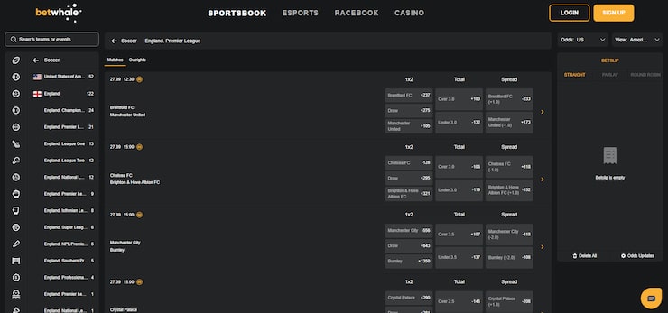 a preview of the main soccer betting section at BetWhale