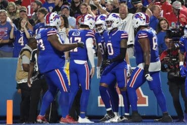 The Bills celebrate in the end zone.