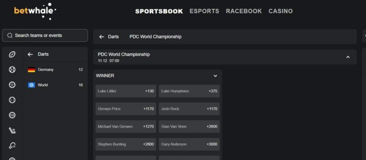 BetWhale's darts odds
