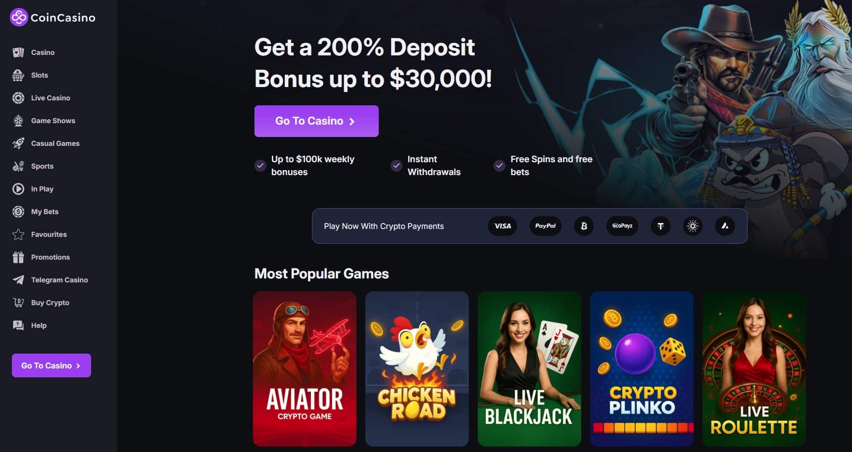 CoinCasino advertises a 200% welcome bonus up to $30,000