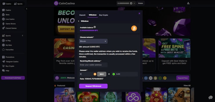 a look at the coincasino withdrawal page of its wallet feature