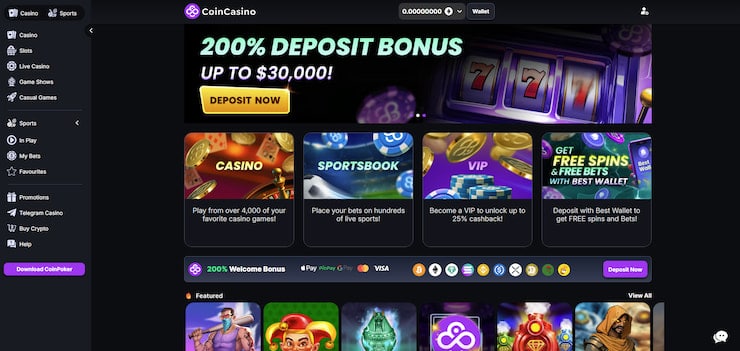 a screenshot of the homepage of CoinCasino with a signed in account