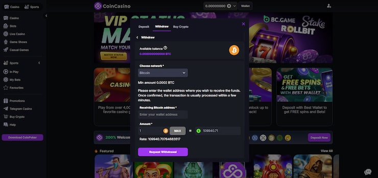 a preview of the withdrawal process using Bitcoin at CoinCasino