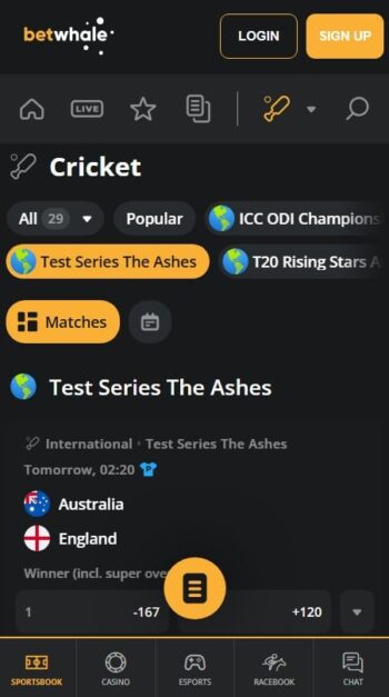 BetWhale's mobile betting app cricket odds