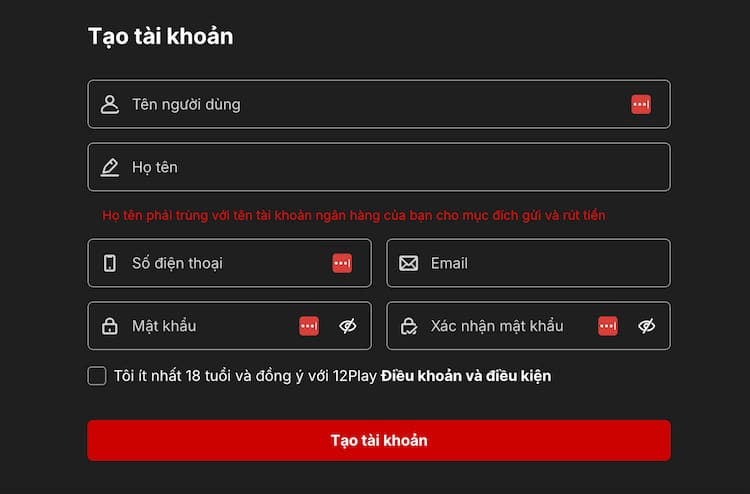 Đăng ký tài khoản quay hũ tại 12Play