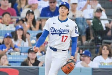 Shohei Ohtani walks on the field.