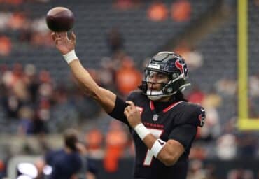 Texans quarterback C.J. Stroud readies to throw the ball.