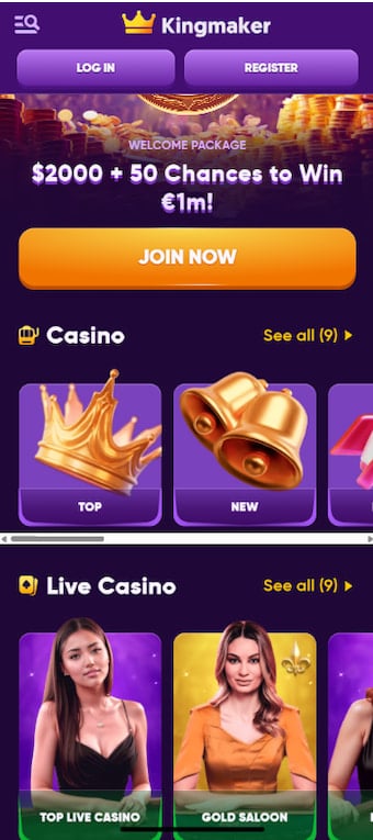 Interfaccia di login dell'app Kingmaker Casino