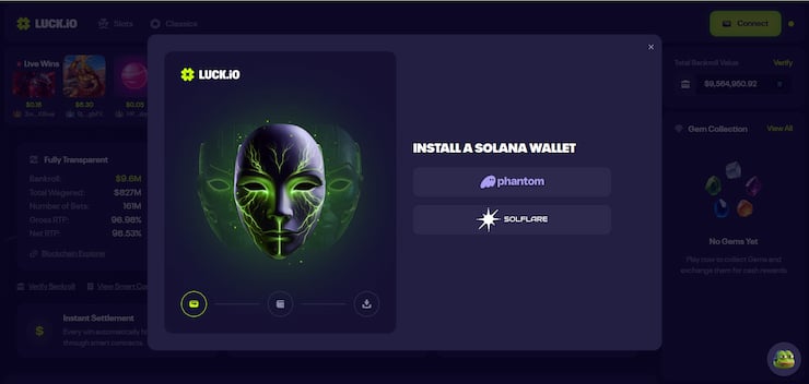 Step 2: Connect your chosen Solana wallet to Luck.io